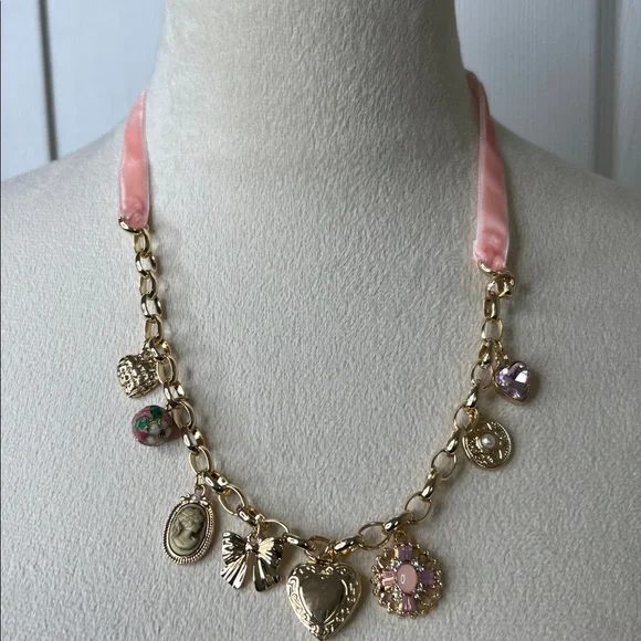 Francesca's Pink Ribbon Gold Charm Necklace - Picture 3 of 5